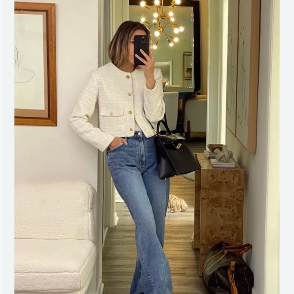 ABERCROMBIE & FITCH | COLLARLESS CROPPED TWEED JACKET IN WHITE LARGE - Picture 1 of 13